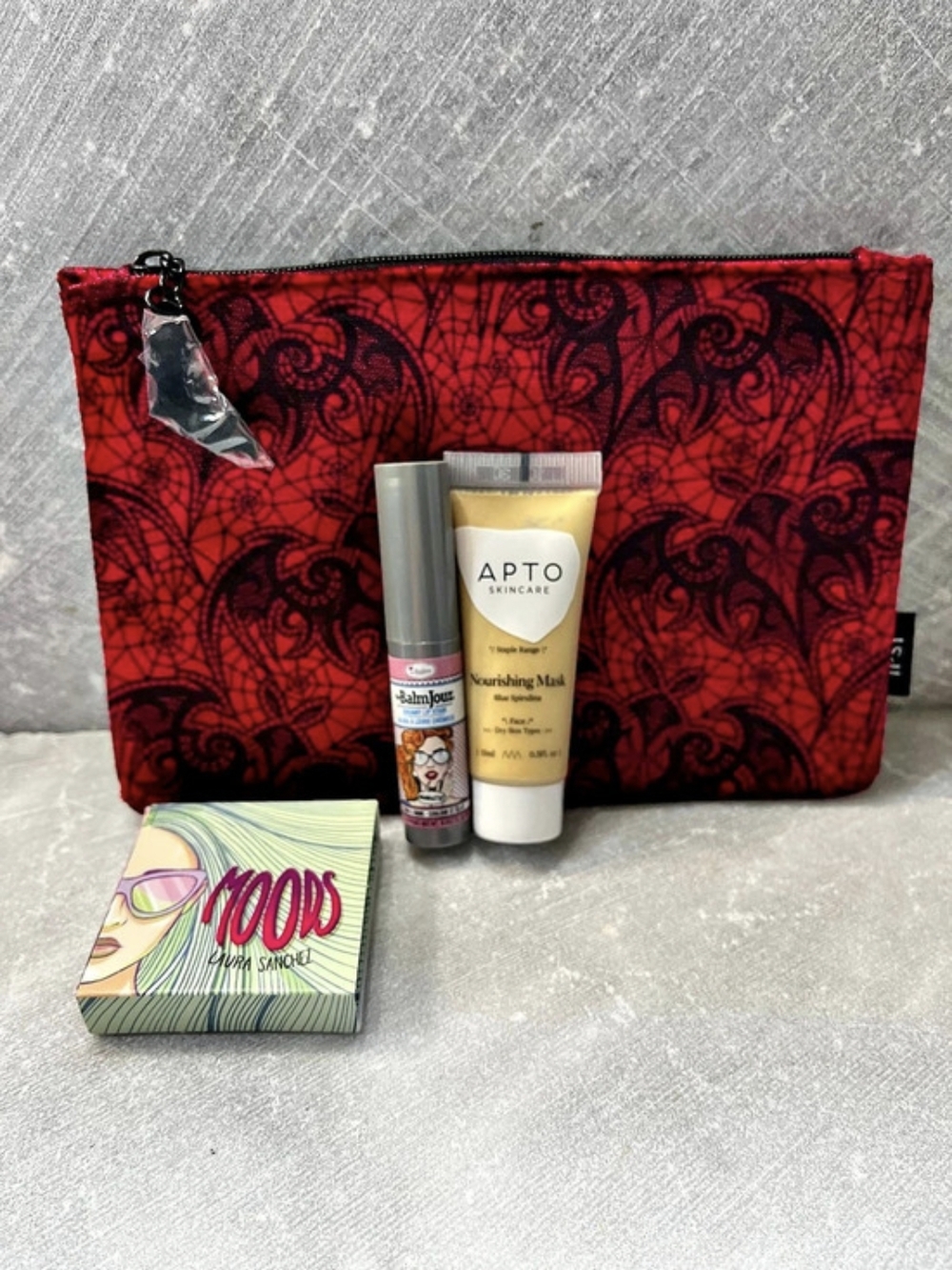 IPSY Collectible Makeup & Skincare Bat Bag APTO Mask MOODS Eyeshadow BALMJOUR
